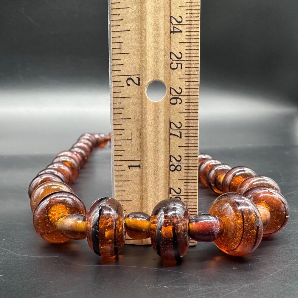 Vintage Amber Glass Bead Necklace Lampwork Swirl Handmade Heavy Jewelry Brown - Picture 6 of 7